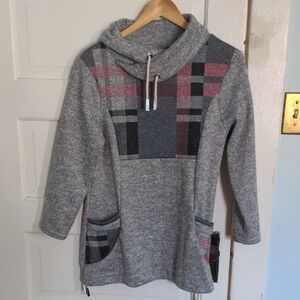 Gray Plaid Cowl Neck Sweater